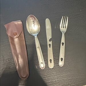 Vintage Military-Style Stainless Cutlery Set with Brown Pouch